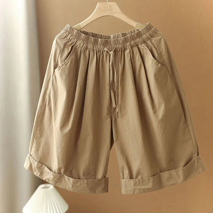 Pantalones cortos de playa sencillos de cintura alta elástica de estilo japonés para mujer, ropa de calle informal, holgados, de pierna ancha y hasta la rodilla