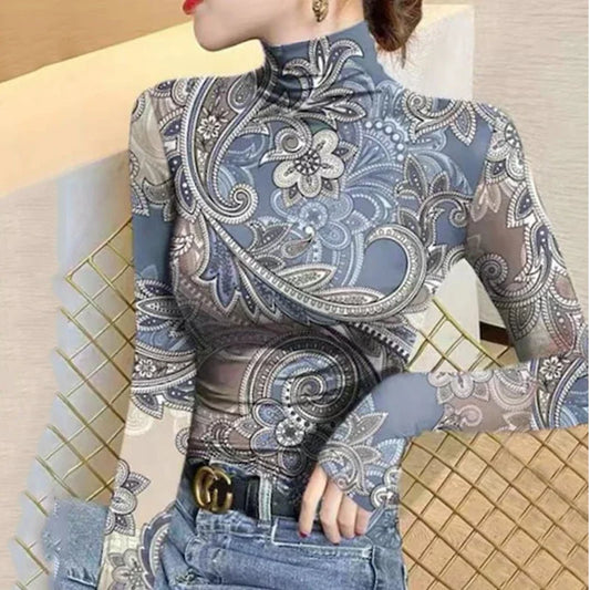 Women's Clothes High Neck T-Shirts New Flower Printed Skinny Long Sleeves Base Layer Tops for Female Autumn Winter