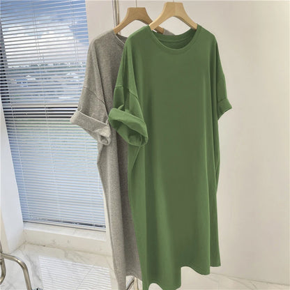 Women's Clothing Solid Dress Short Sleeve Casual Loose Pullover Tunic Summer Comfortable Simple Straight Dresses