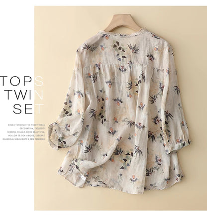 Women's Chinese Style Blouses, Cotton Linen, Short Sleeve, Print Loose Top, Vintage Ladies Clothing, Summer, New