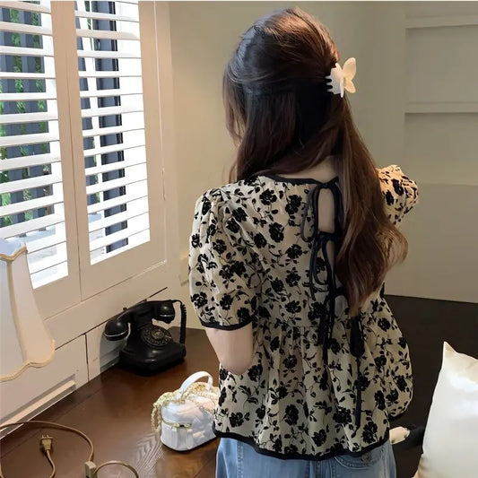 Ropa de mujer, elegantes camisas con cordón, estilo francés, vintage, flores rotas, verano, dulce, manga corta, elegante blusa de cintura.