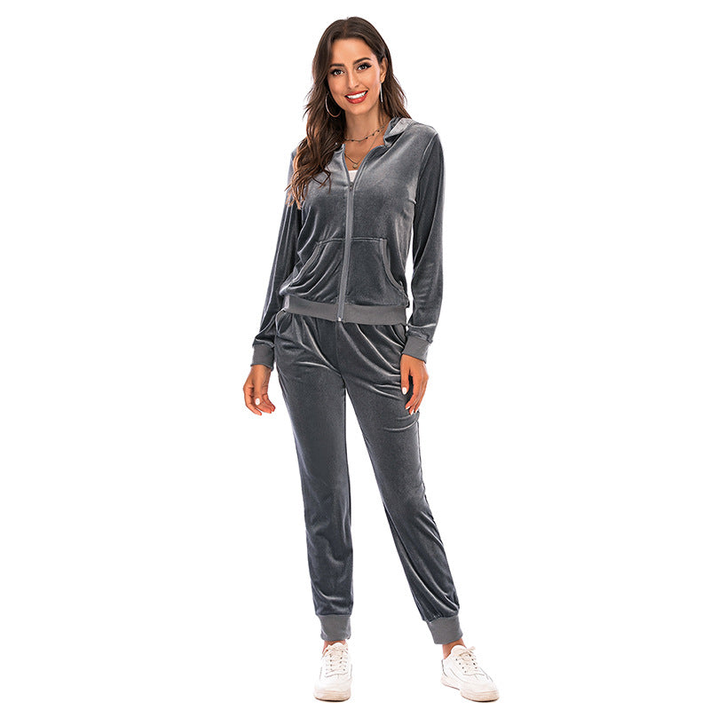 Women's Clothes Autumn  Long Sleeve Tops with Pants Loungewear Hooded Zipper With Pockets Warm Velvet Female Clothing Coat Suits