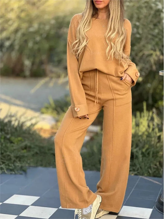 Women's Clothing 2024 Autumn New Fashion Casual Suit Solid Color Long Sleeved Suit Wide Leg Pants Long Pants Two-piece Set