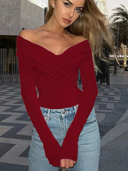 Body sexy rojo de primavera para mujer, con espalda descubierta, corsé liso, ajustado, cruzado, de manga larga, informal, de punto