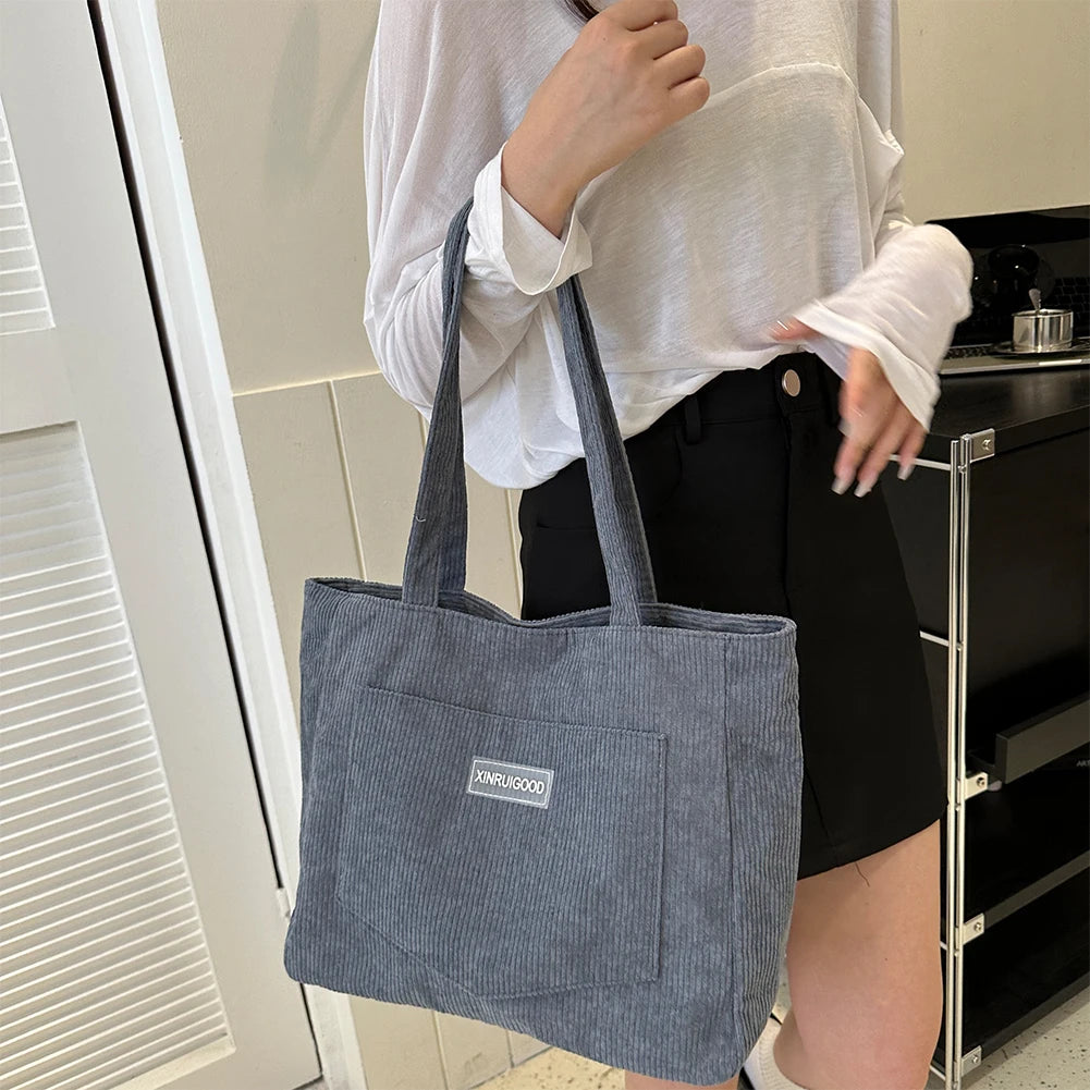 Large Capacity Shoulder Bag Trendy Corduroy Tote Bag Solid Color Ladies Handbag With Front Pocket