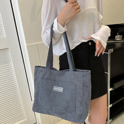 Large Capacity Shoulder Bag Trendy Corduroy Tote Bag Solid Color Ladies Handbag With Front Pocket