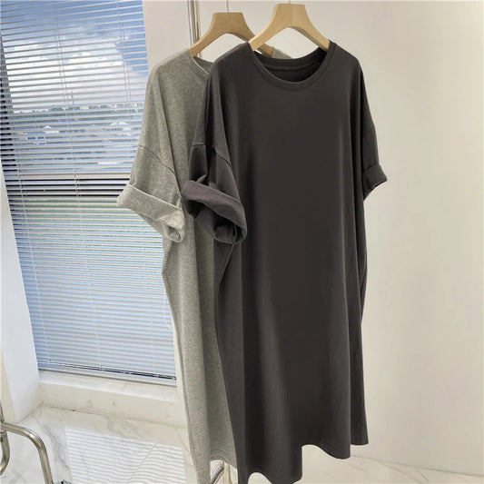 Women's Clothing Solid Dress Short Sleeve Casual Loose Pullover Tunic Summer Comfortable Simple Straight Dresses