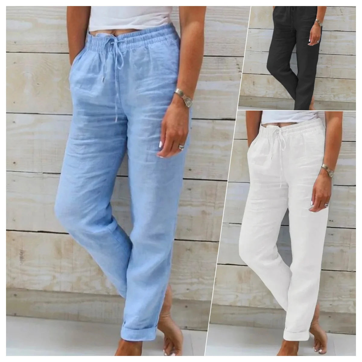 Pantalones de verano de lino y algodón para mujer, pantalones casuales elásticos de cintura alta, ropa de calle lisa, pantalones de tubo holgados 2024