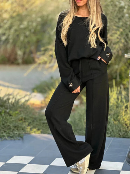 Women's Clothing 2024 Autumn New Fashion Casual Suit Solid Color Long Sleeved Suit Wide Leg Pants Long Pants Two-piece Set