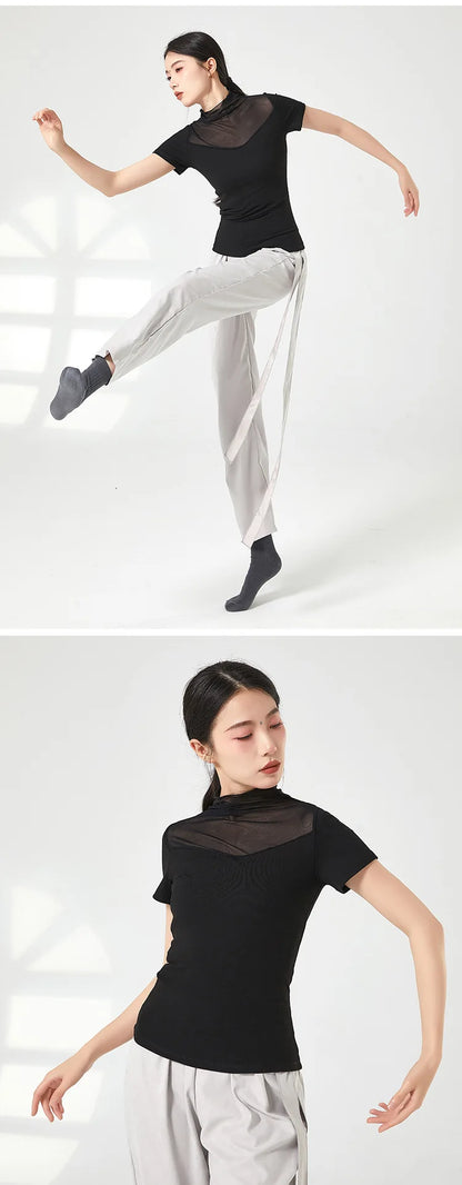 Ropa de práctica de danza moderna para mujer, malla de cuello alto, elegante disfraz con mangas para los dedos, diseño sólido, ropa elegante y bonita, tops de yoga