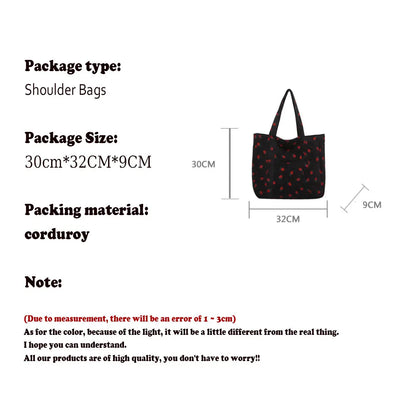 Bolso de pana con diseño de fresas, bolso de playa, moderno y versátil, bolso de hombro de gran capacidad, bolso de mano sencillo para mujer.
