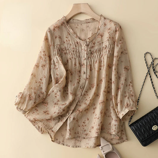 Blusas de estilo chino para mujer, de lino y algodón, de manga corta, holgadas y estampadas, ropa vintage para mujer, de verano, nuevas.