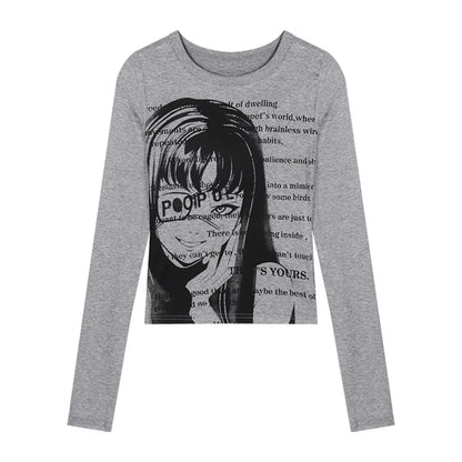 Camiseta vintage Y2K para mujer, blusa de algodón, cuello redondo, manga larga, túnica estampada, ropa grunge para mujer, top corto informal de moda