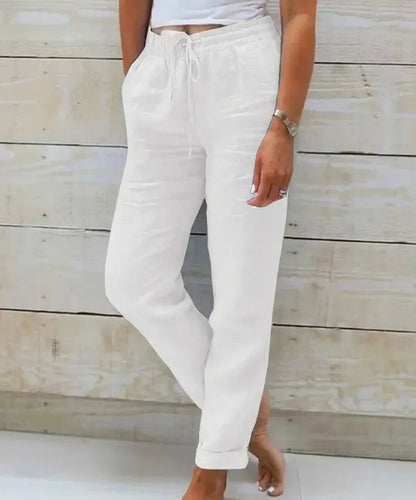 Pantalones de verano de lino y algodón para mujer, pantalones casuales elásticos de cintura alta, ropa de calle lisa, pantalones de tubo holgados 2024