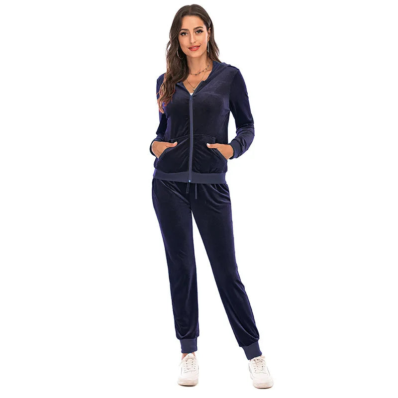 Women's Clothes Autumn  Long Sleeve Tops with Pants Loungewear Hooded Zipper With Pockets Warm Velvet Female Clothing Coat Suits