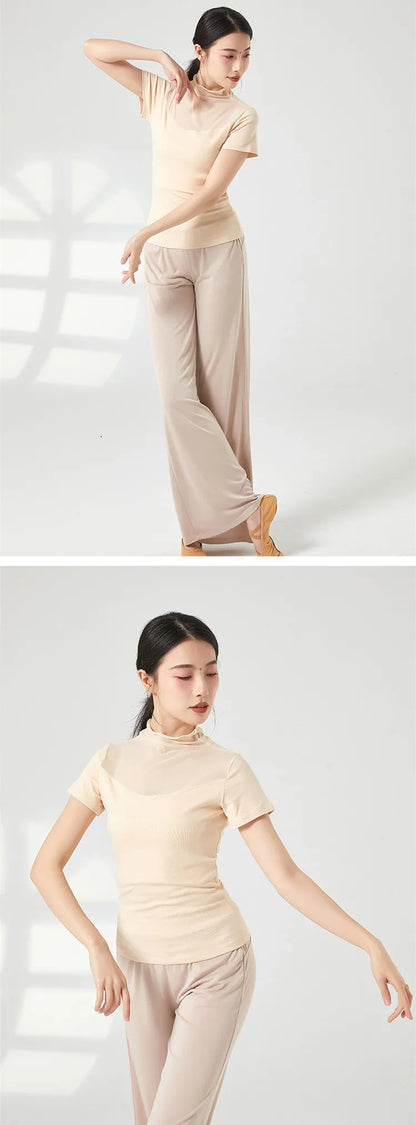 Ropa de práctica de danza moderna para mujer, malla de cuello alto, elegante disfraz con mangas para los dedos, diseño sólido, ropa elegante y bonita, tops de yoga