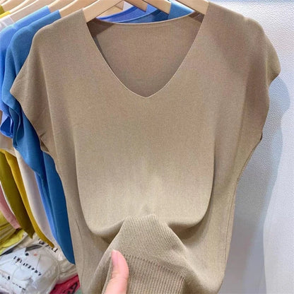 Ropa de mujer, moda de verano, camiseta sencilla de manga corta de punto fino de seda helada, informal, para ir al trabajo, cuello en V liso, jerséis holgados, tops