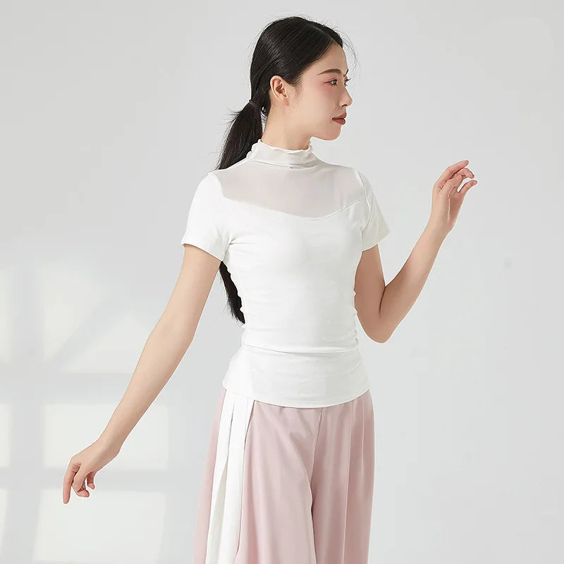 Ropa de práctica de danza moderna para mujer, malla de cuello alto, elegante disfraz con mangas para los dedos, diseño sólido, ropa elegante y bonita, tops de yoga
