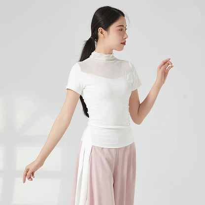 Ropa de práctica de danza moderna para mujer, malla de cuello alto, elegante disfraz con mangas para los dedos, diseño sólido, ropa elegante y bonita, tops de yoga