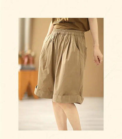 Pantalones cortos de playa sencillos de cintura alta elástica de estilo japonés para mujer, ropa de calle informal, holgados, de pierna ancha y hasta la rodilla