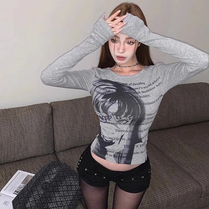 Camiseta vintage Y2K para mujer, blusa de algodón, cuello redondo, manga larga, túnica estampada, ropa grunge para mujer, top corto informal de moda
