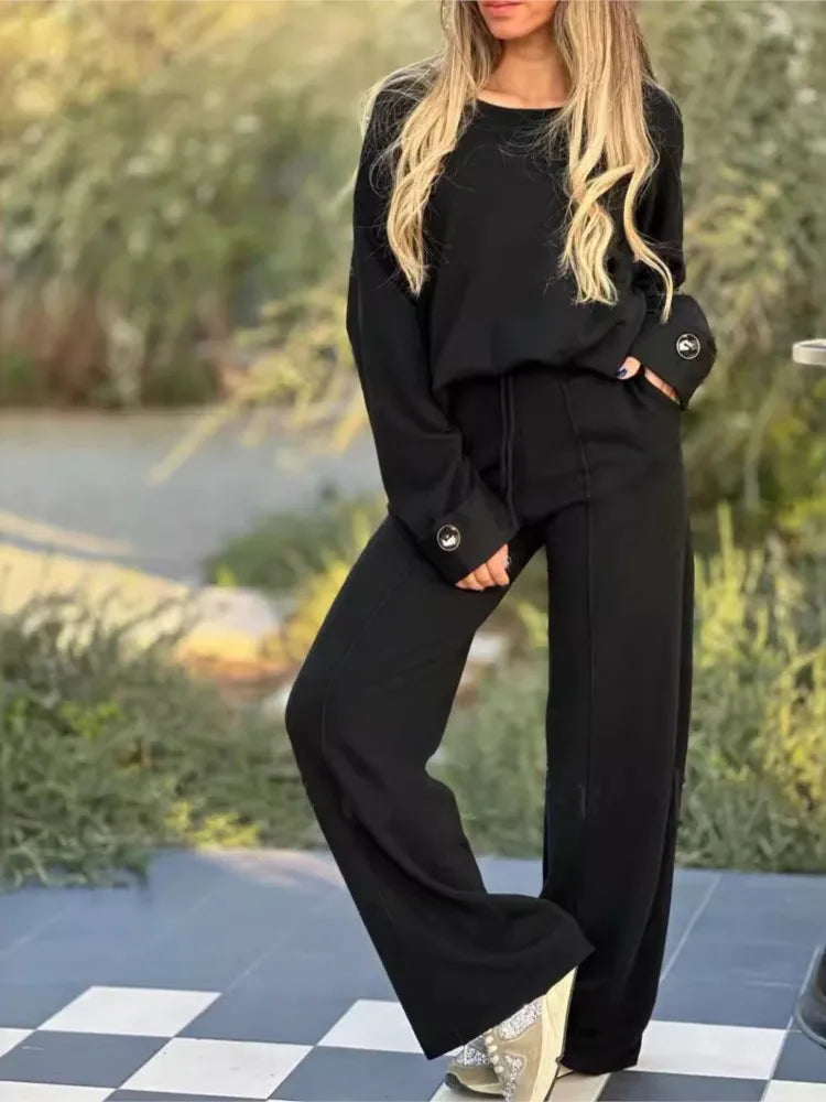 Women's Clothing 2024 Autumn New Fashion Casual Suit Solid Color Long Sleeved Suit Wide Leg Pants Long Pants Two-piece Set