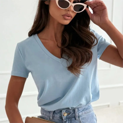Blusas para mujer, camisetas de verano, camisetas blancas de manga corta, ajustadas, con cuello en V, ropa informal.