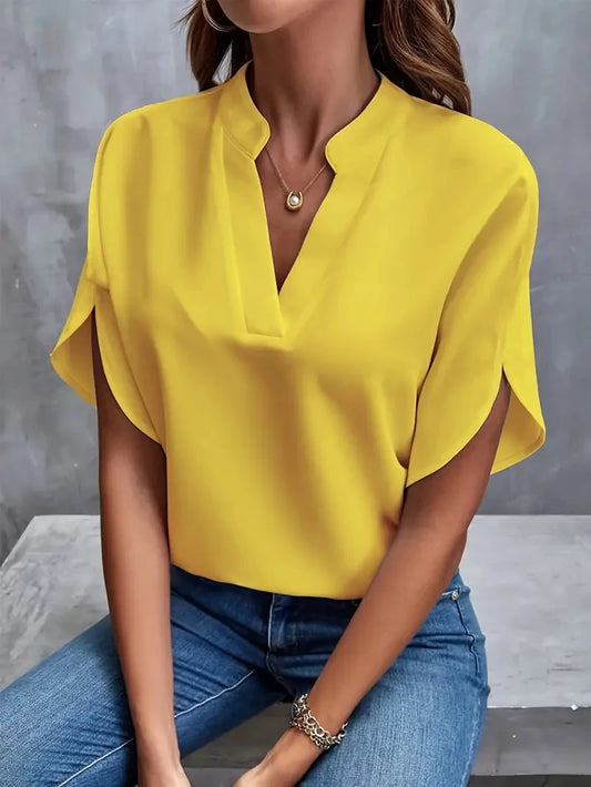 Blusa elegante de gasa lisa para mujer, blusa informal de primavera y verano con cuello en V y manga larga, blusa holgada para oficina, blusas extragrandes 2024