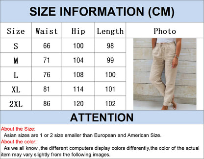 Pantalones de verano de lino y algodón para mujer, pantalones casuales elásticos de cintura alta, ropa de calle lisa, pantalones de tubo holgados 2024