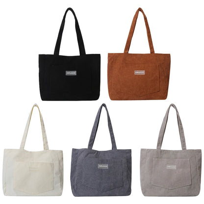 Large Capacity Shoulder Bag Trendy Corduroy Tote Bag Solid Color Ladies Handbag With Front Pocket