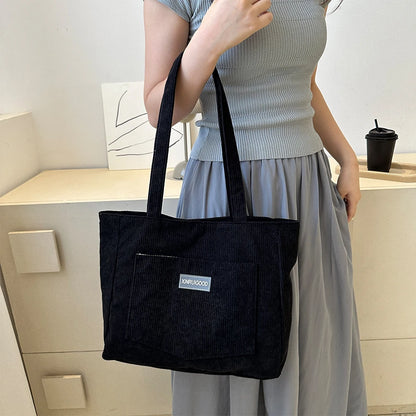 Large Capacity Shoulder Bag Trendy Corduroy Tote Bag Solid Color Ladies Handbag With Front Pocket