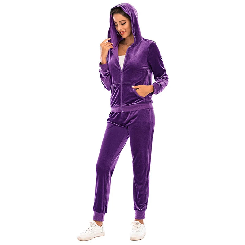 Women's Clothes Autumn  Long Sleeve Tops with Pants Loungewear Hooded Zipper With Pockets Warm Velvet Female Clothing Coat Suits