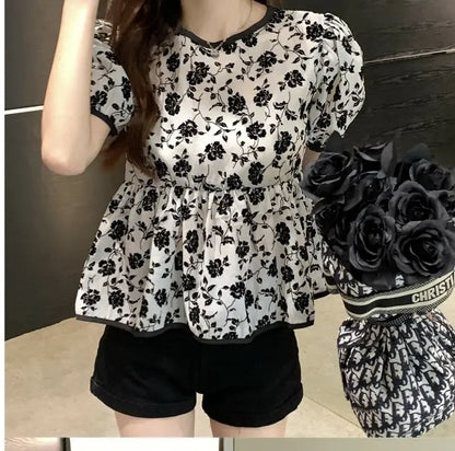 Women's Clothing Stylish Drawstring Shirts French Style Vintage Broken Flowers Summer Sweet Short Sleeve Elegant Waist Blouse