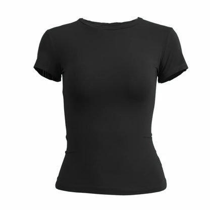 Camiseta de manga corta para mujer, top ajustado, cuello redondo, de punto, estilo urbano, sexy, deportiva, Y2K 2024, novedad 2410
