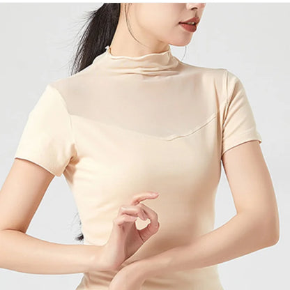 Ropa de práctica de danza moderna para mujer, malla de cuello alto, elegante disfraz con mangas para los dedos, diseño sólido, ropa elegante y bonita, tops de yoga