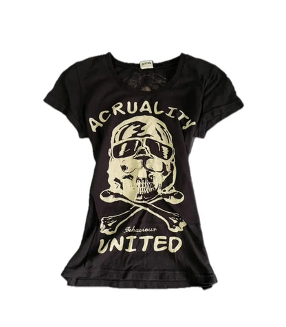Woman Clothing Vintage T-shirts Y2k Aesthetic BIKER Enthusiast Skull Grunge Gothic Streetwear Hot Girl Tees Slim Sexy Crop Tops