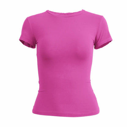 Camiseta de manga corta para mujer, top ajustado, cuello redondo, de punto, estilo urbano, sexy, deportiva, Y2K 2024, novedad 2410