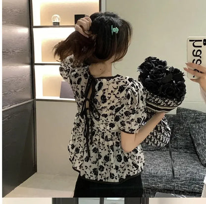 Women's Clothing Stylish Drawstring Shirts French Style Vintage Broken Flowers Summer Sweet Short Sleeve Elegant Waist Blouse