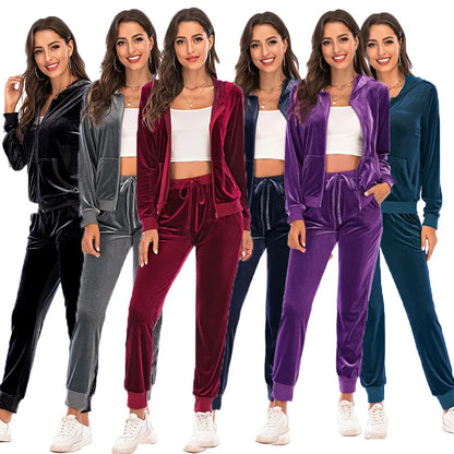 Women's Clothes Autumn  Long Sleeve Tops with Pants Loungewear Hooded Zipper With Pockets Warm Velvet Female Clothing Coat Suits
