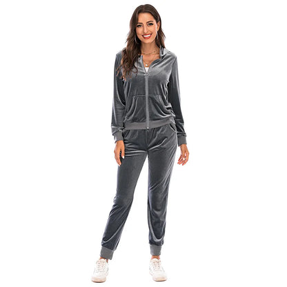 Women's Clothes Autumn  Long Sleeve Tops with Pants Loungewear Hooded Zipper With Pockets Warm Velvet Female Clothing Coat Suits