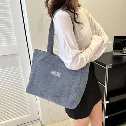 Large Capacity Shoulder Bag Trendy Corduroy Tote Bag Solid Color Ladies Handbag With Front Pocket