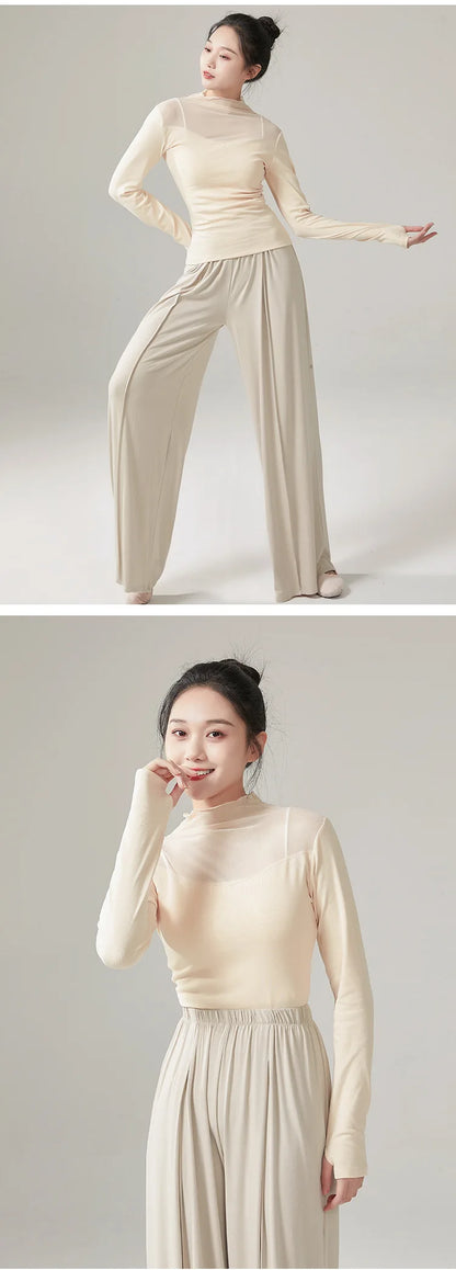 Ropa de práctica de danza moderna para mujer, malla de cuello alto, elegante disfraz con mangas para los dedos, diseño sólido, ropa elegante y bonita, tops de yoga