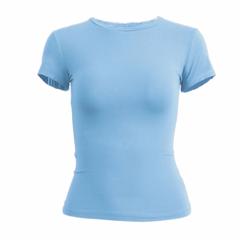 Camiseta de manga corta para mujer, top ajustado, cuello redondo, de punto, estilo urbano, sexy, deportiva, Y2K 2024, novedad 2410