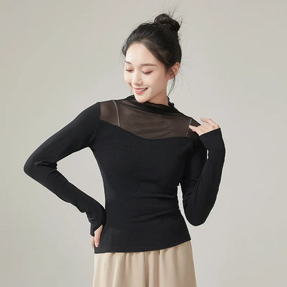 Ropa de práctica de danza moderna para mujer, malla de cuello alto, elegante disfraz con mangas para los dedos, diseño sólido, ropa elegante y bonita, tops de yoga