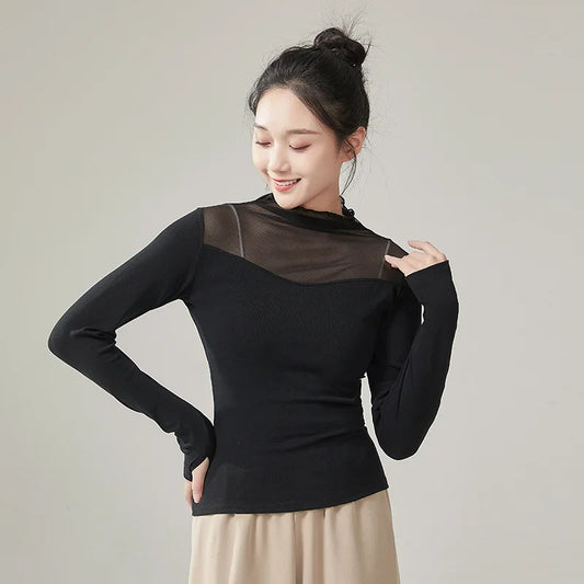 Ropa de práctica de danza moderna para mujer, malla de cuello alto, elegante disfraz con mangas para los dedos, diseño sólido, ropa elegante y bonita, tops de yoga