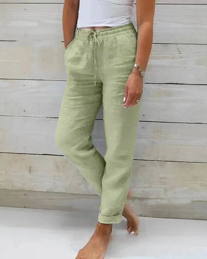 Pantalones de verano de lino y algodón para mujer, pantalones casuales elásticos de cintura alta, ropa de calle lisa, pantalones de tubo holgados 2024