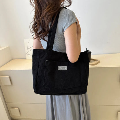Large Capacity Shoulder Bag Trendy Corduroy Tote Bag Solid Color Ladies Handbag With Front Pocket