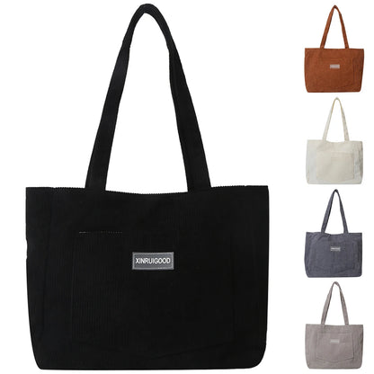 Large Capacity Shoulder Bag Trendy Corduroy Tote Bag Solid Color Ladies Handbag With Front Pocket