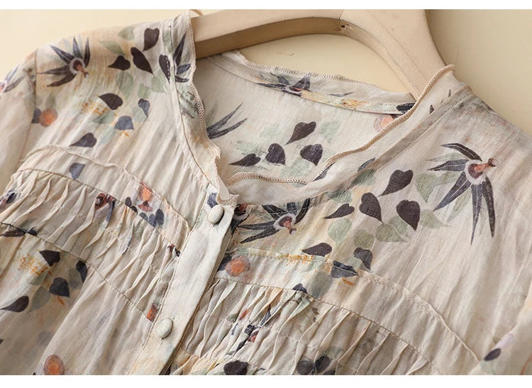 Women's Chinese Style Blouses, Cotton Linen, Short Sleeve, Print Loose Top, Vintage Ladies Clothing, Summer, New